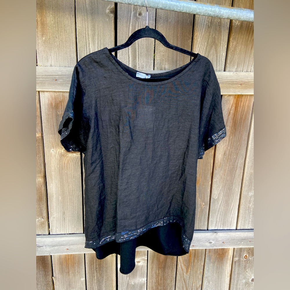 Black Loose Linen Top w/ Sequence Trim